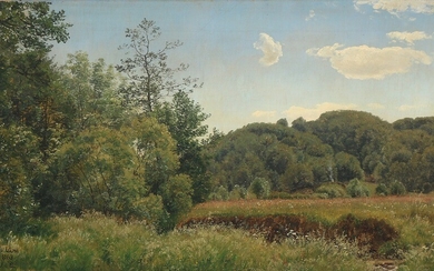 Janus la Cour: By a bog on a summer day. Signed and dated J. la C. 30. Juni 1863. Oil on canvas. 37×61 cm.