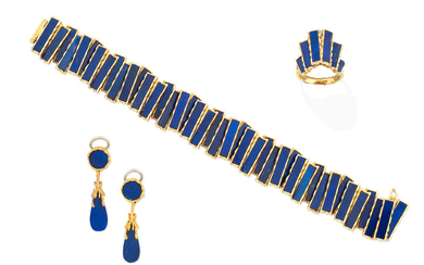 A lapis lazuli bracelet and ring suite, retailed by Rood, 1972 and a pair of lapis lazuli earclips,, retailed by Rood, 1973