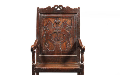 A large Charles II joined oak panel-back open armchair, Cheshire/Lancashire, circa 1670