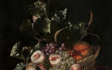 Louis Michiel La Haye, vers 1640 - Amsterdam, après 1685 Pêches, raisins, noix et melon sur un entablement de marbre