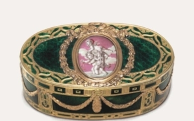 A LOUIS XV ENAMELLED GOLD SNUFF-BOX, BY PIERRE-ANDRÉ BARBIER (FL. 1764-1776), MARKED, PARIS, 1764-1765, WITH THE CHARGE AND DECHARGE MARKS OF JEAN-JACQUES PRÉVOST 1762-1768