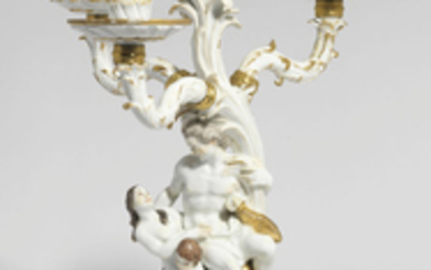 A MEISSEN PORCELAIN ARMORIAL FOUR-LIGHT CANDELABRUM FROM THE SWAN SERVICE, CIRCA 1739-40