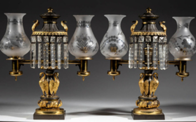 MESSENGER AND SONS ATTRIBUTED BRONZE AND BRASS PAIR OF ARGAND LAMPS