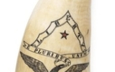 PATRIOTIC POLYCHROME SCRIMSHAW WHALE'S TOOTH Obverse depicts a "Liberty" banner above a spread-wing eagle clutching an "E Pluribus U..