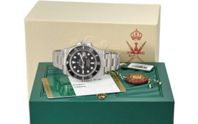 ROLEX. A RARE AND FINE STAINLESS STEEL AUTOMATIC WRISTWATCH WITH ENGRAVED CASE BACK, SWEEP CENTRE SECONDS, DATE, INTERNATIONAL GUARANTEE AND BRACELET, MADE FOR THE SULTANATE OF OMAN, SIGNED ROLEX, OYSTER PERPETUAL DATE, SUBMARINER, 1000FT=300M, REF....