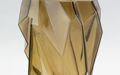 RUBA ROMBIC SMOKY TOPAZ GLASS VASE Reuben Haley for Consolidated Lamp & Glass Company. Height 9.25".