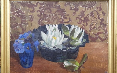 Rud. Jacobsen: Still life with water lilies and blue pansies. Signed Rud Jacobsen 52. Oil on canvas. 32×43 cm. Frame size 42×53 cm.