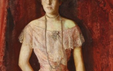 Sophus Jürgensen: Portrait of a woman in a rose-coloured silk dress and pearl necklace carrying a fan. Signed and dated. Oil on canvas. 153×90 cm.