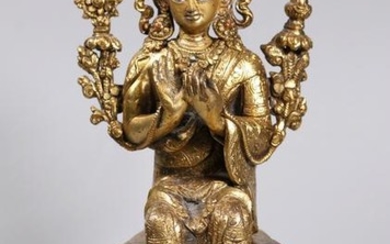 Tibetan 19C Seated Gilt Bronze Buddha Lotus Throne