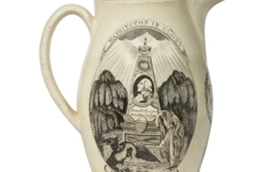 Transfer-printed and enameled creamware presentation jug England, circa 1800...