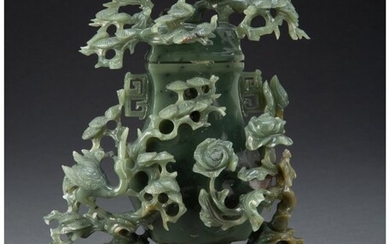 25025: A Chinese Carved Jade Covered Vase 8 x 6-3/4 x 3