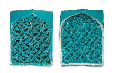 A pair of Timurid moulded pottery squinch tiles (muqarnas)