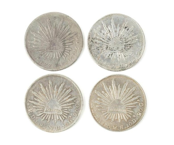 4 MEXICAN SILVER 8 REALES COINS, 1877-1895