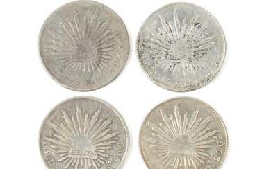 4 MEXICAN SILVER 8 REALES COINS, 1877-1895