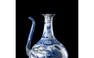 A blue and white kraak porselein kendi, modelled with star-shaped petals to the mouth and leafing branches to the spout,...