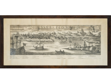 A 18th-century etching representing the city of Palermo from the sea (cm 38x100) Framed (defects)