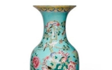 A CHINESE FAMILLE ROSE TURQUOISE GROUND VASE 19TH …