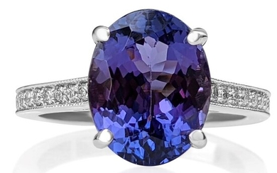 4.37 Carat Bluish Violet Tanzanite And 0.18 Ct Diamonds - 14 kt. White gold - Ring - NO RESERVE