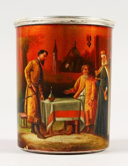 A SMALL RUSSIAN SILVER BEAKER, enamelled with a scene