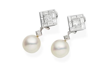 A pair of diamond and cultured pearl earrings,, Michael Baxter