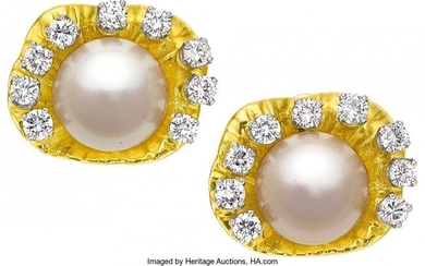 55025: South Sea Cultured Pearl, Diamond, Gold Earrings