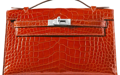 Hermès Shiny Sanguine Alligator Kelly Pochette Bag with Palladium...