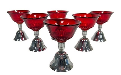 6 Industrialist Chrome Cranberry Art Glass Cocktail Goblets Bells Novelty