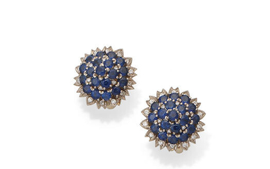 A pair of sapphire and diamond earclips