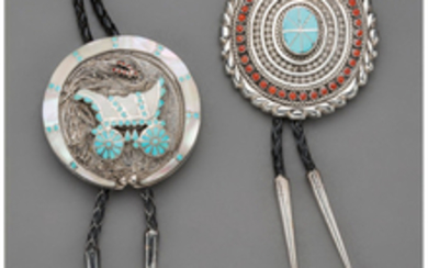 Two Zuni Bolo Ties c. 1980 silver, turquoise,...