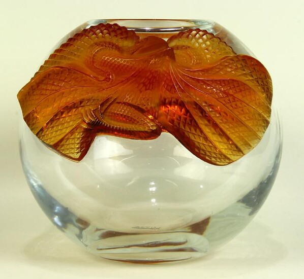 Lalique France clear and amber "Lizard" glass bowl