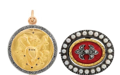 Antique Platinum-Topped Gold and Diamond Pendant-Locket, Gold, Silver, Enamel, Diamond and Pearl Double Sided Brooch