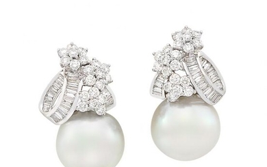 Pair of White Gold, South Sea Cultured Pearl and Diamond Earrings