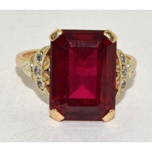 9ct gold ladies Large Ruby square set ring with diamonds to ...