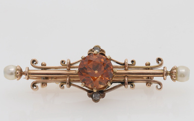 A 14k gold and diamonds, citrine & pearls brooch, first half of the 20th century.