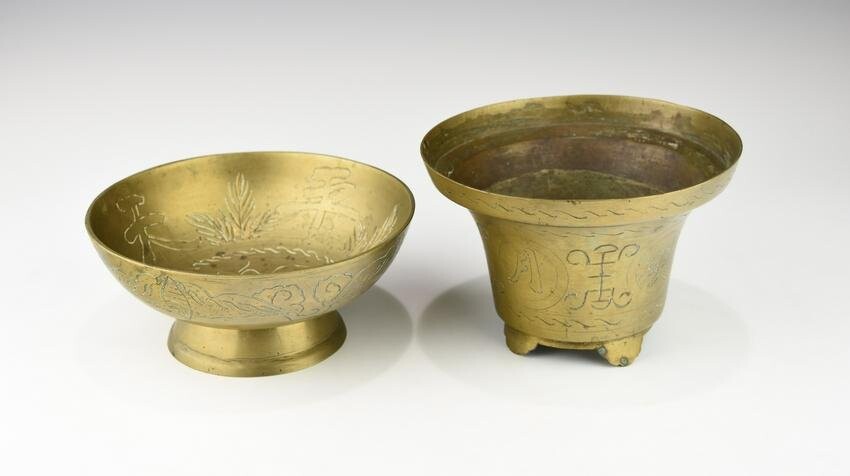 A 19TH CENTURY CHINESE BRONZE BOWL AND A CENSER