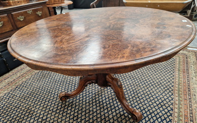 A 19th C. BURR WALNUT BREAKFAST TABLE, THE CIRCULAR TOP ON A COLUMN AND THREE LEGS WITH CASTER FEET.