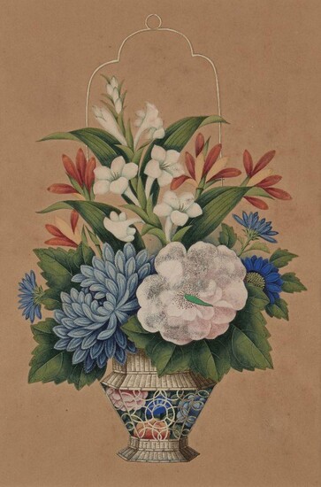 A 19th century Chinese Export print with hand painting, depicting flower arrangement in a basket, mounted in a glazed frame, 27 x 19cm