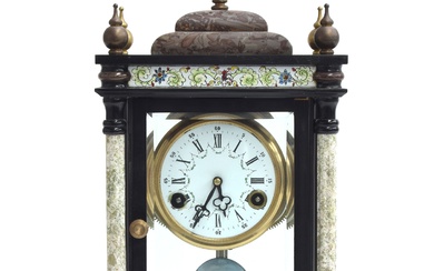 A 19th century French slate and marble mantel clock, the cas...