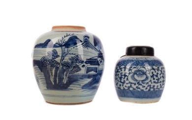 A 20TH CENTURY CHINESE BLUE AND WHITE JAR, ANOTHER JAR AND A BOWL