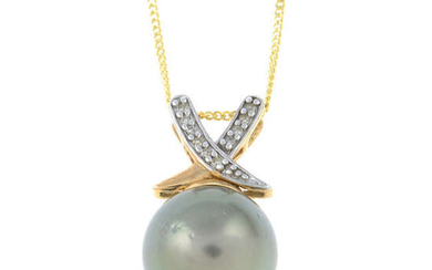 A 9ct gold Tahitian cultured pearl and diamond pendant, with chain.