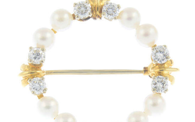 A 9ct gold diamond and cultured pearl brooch.