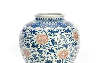A BLUE AND WHITE AND COPPER RED 'LOTUS' JAR