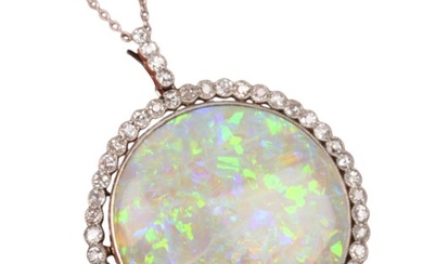 A Belle Epoque opal and diamond cluster pendant necklace, ru...