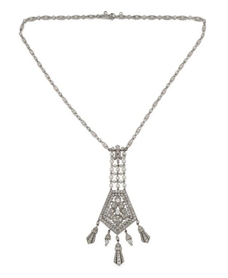 A Belle Epoque, platinum and diamond lavaliere pendant necklace, composed of a series of old-brilliant-cut diamond-set navette-shaped links with central kite-shaped panel pendant set with old-brilliant-cut diamonds suspending diamond triple row...