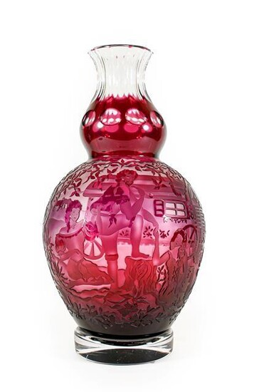 A Bohemian Cranberry Overlaid Clear Glass Vase, 20th century, of...