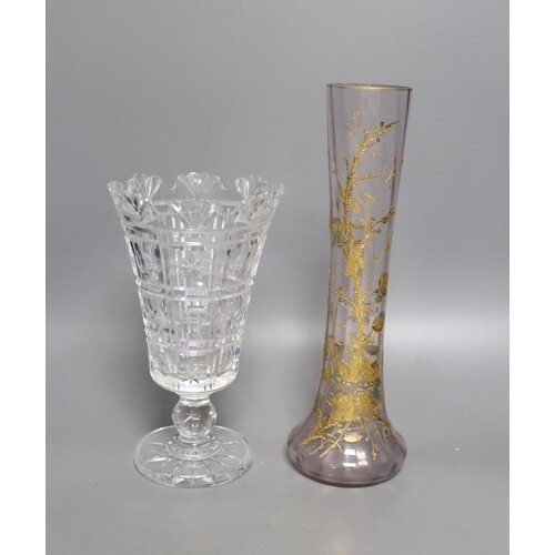 A Bohemian gilt decorated glass vase and a Waterford cut gla...