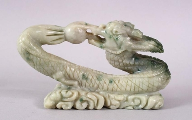 A CHINESE CARVED SOAPSTONE FIGURE OF A DRAGON & PEARL