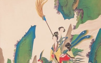 A CHINESE FIGURE AND CRANE PAINTING ON PAPER, HANGING SCROLL, HUANG SHANSHOU MARK