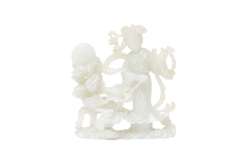 A CHINESE PALE-CELADON JADE 'CHANG'E AND RABBIT' GROUP 清十九世紀 青玉仕女像