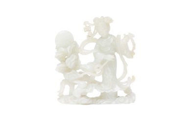 A CHINESE PALE-CELADON JADE 'CHANG'E AND RABBIT' GROUP 清十九世紀 青玉仕女像